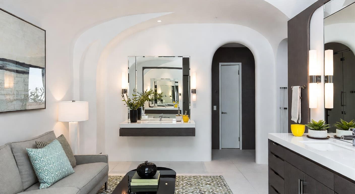 Streamline Moderne powder room interior design - featuring streamline moderne style furniture, decor, colors, and layout ideas for your powder room