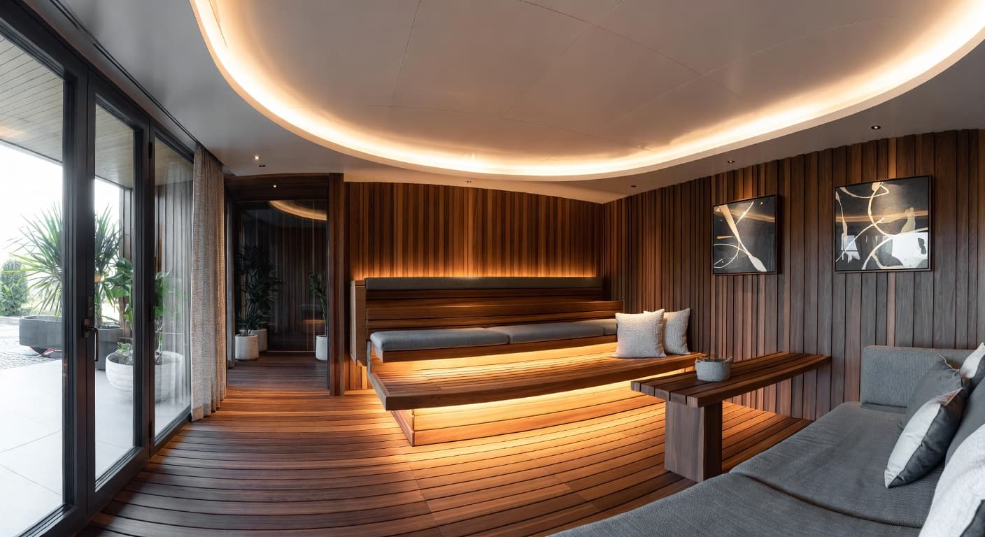 Streamline Moderne sauna / spa room interior design - featuring streamline moderne style furniture, decor, colors, and layout ideas for your sauna / spa room