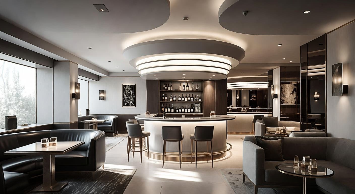 Streamline Moderne smoking room / cigar lounge interior design - featuring streamline moderne style furniture, decor, colors, and layout ideas for your smoking room / cigar lounge