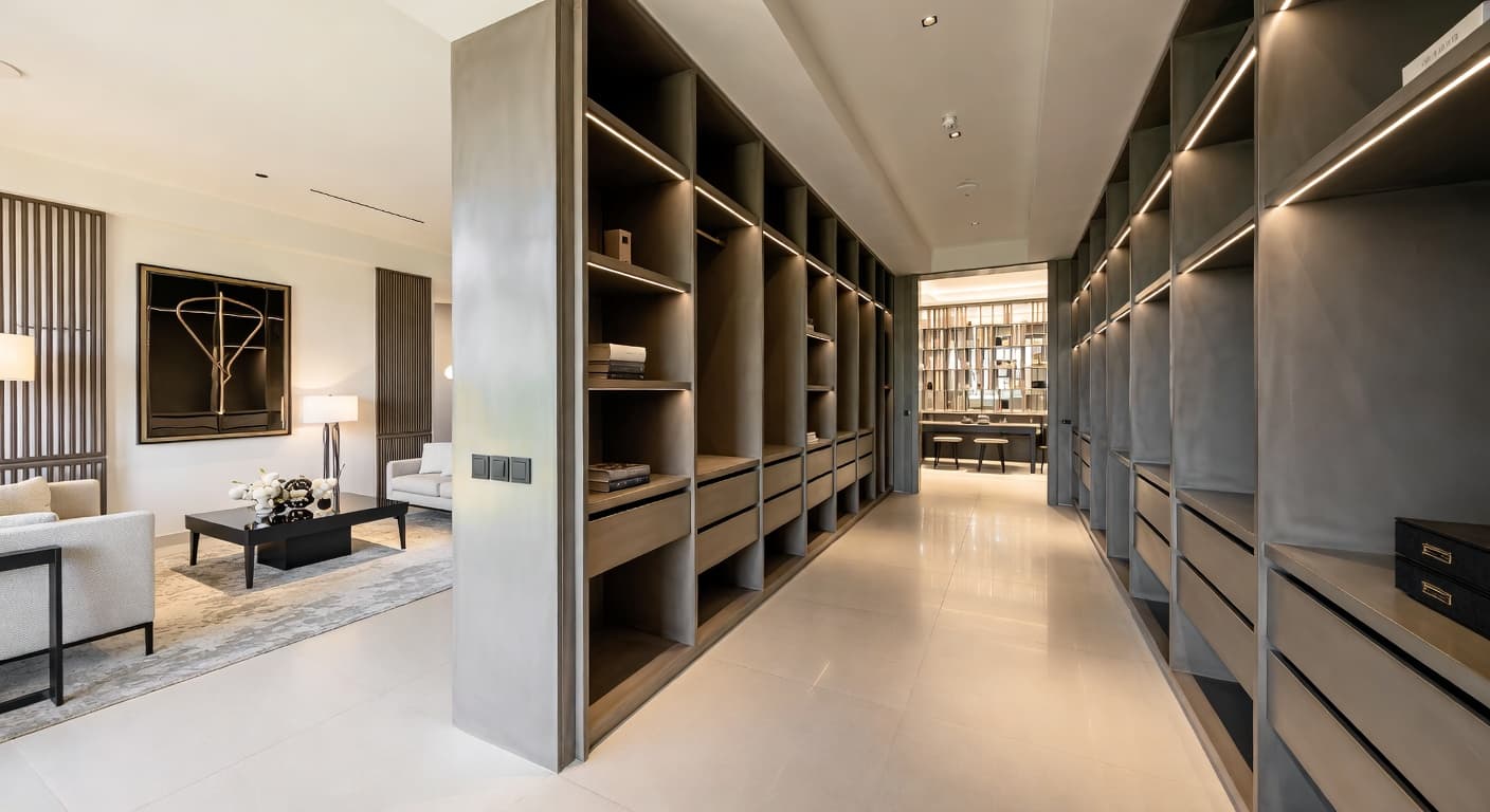 Streamline Moderne storage room interior design - featuring streamline moderne style furniture, decor, colors, and layout ideas for your storage room