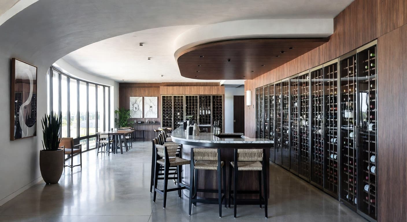 Streamline Moderne wine cellar interior design - featuring streamline moderne style furniture, decor, colors, and layout ideas for your wine cellar