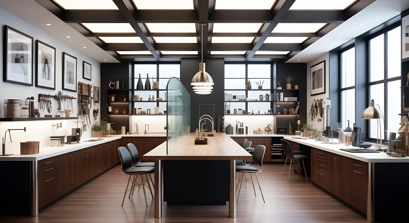 Streamline Moderne workshop interior design - featuring streamline moderne style furniture, decor, colors, and layout ideas for your workshop