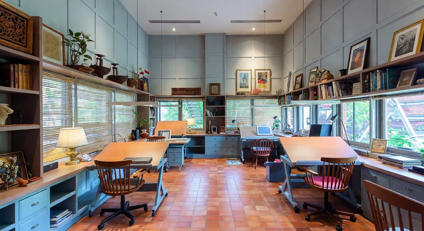 Thai craft room / studio interior design - featuring thai style furniture, decor, colors, and layout ideas for your craft room / studio