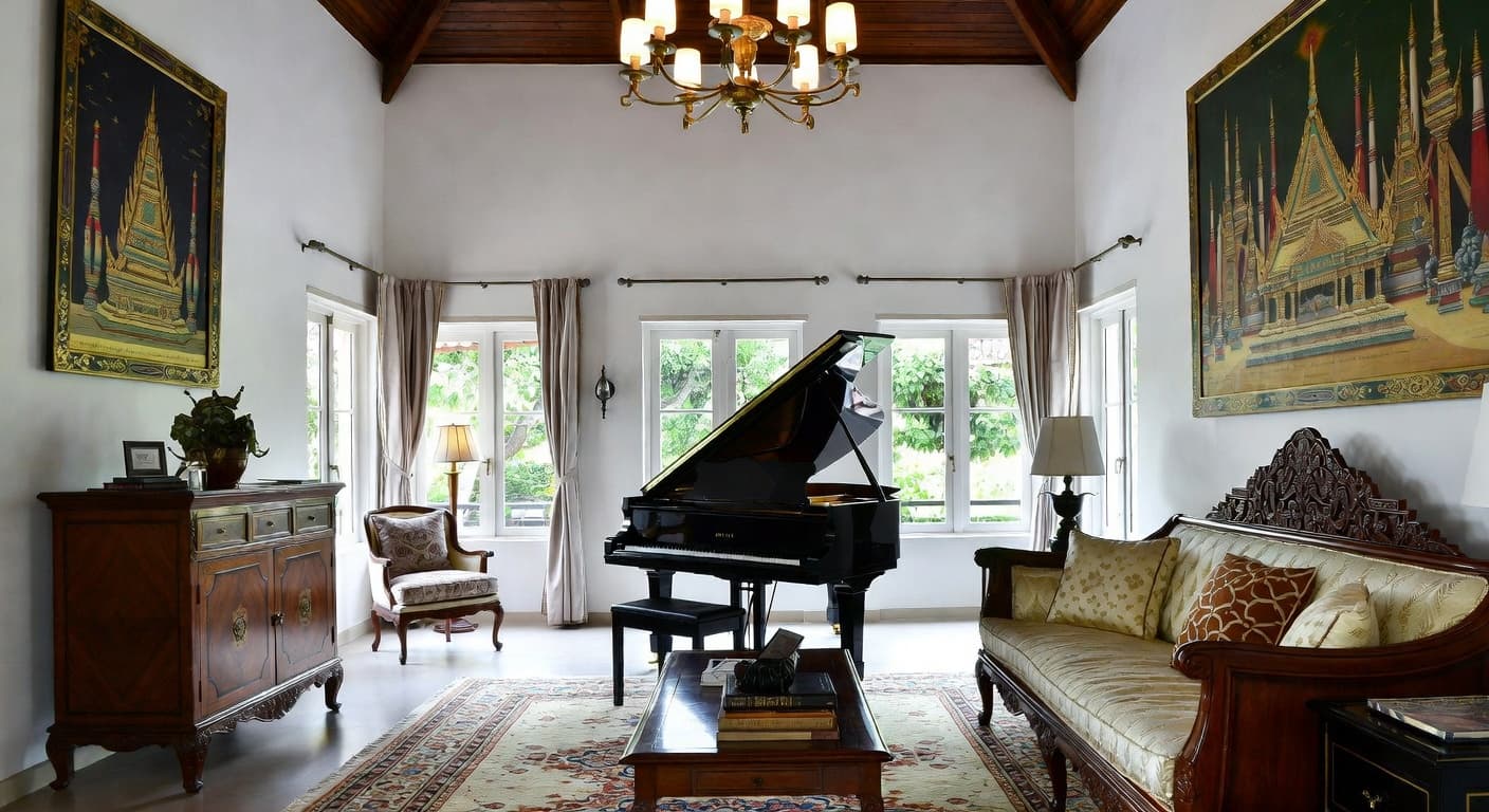 Thai music room interior design - featuring thai style furniture, decor, colors, and layout ideas for your music room