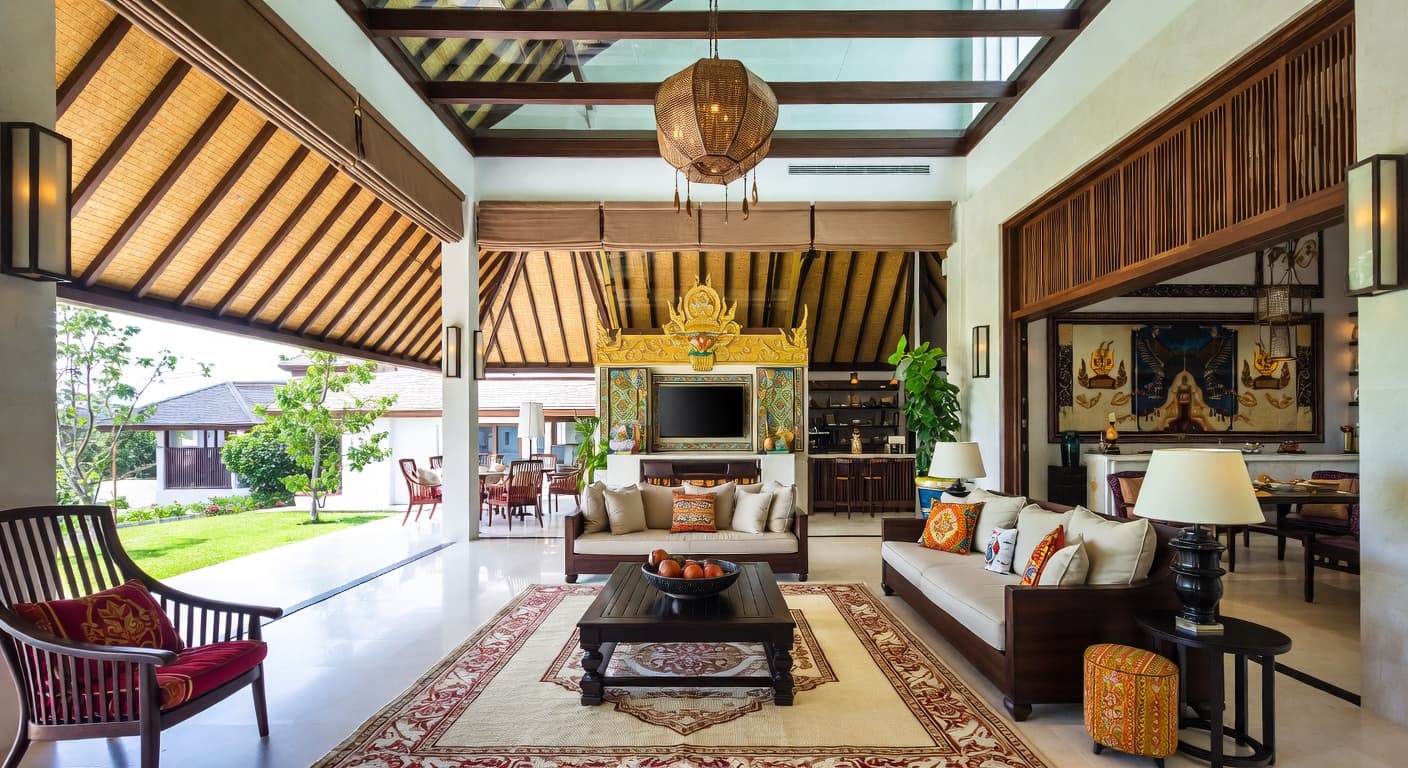 Thai outdoor space interior design - featuring thai style furniture, decor, colors, and layout ideas for your outdoor space