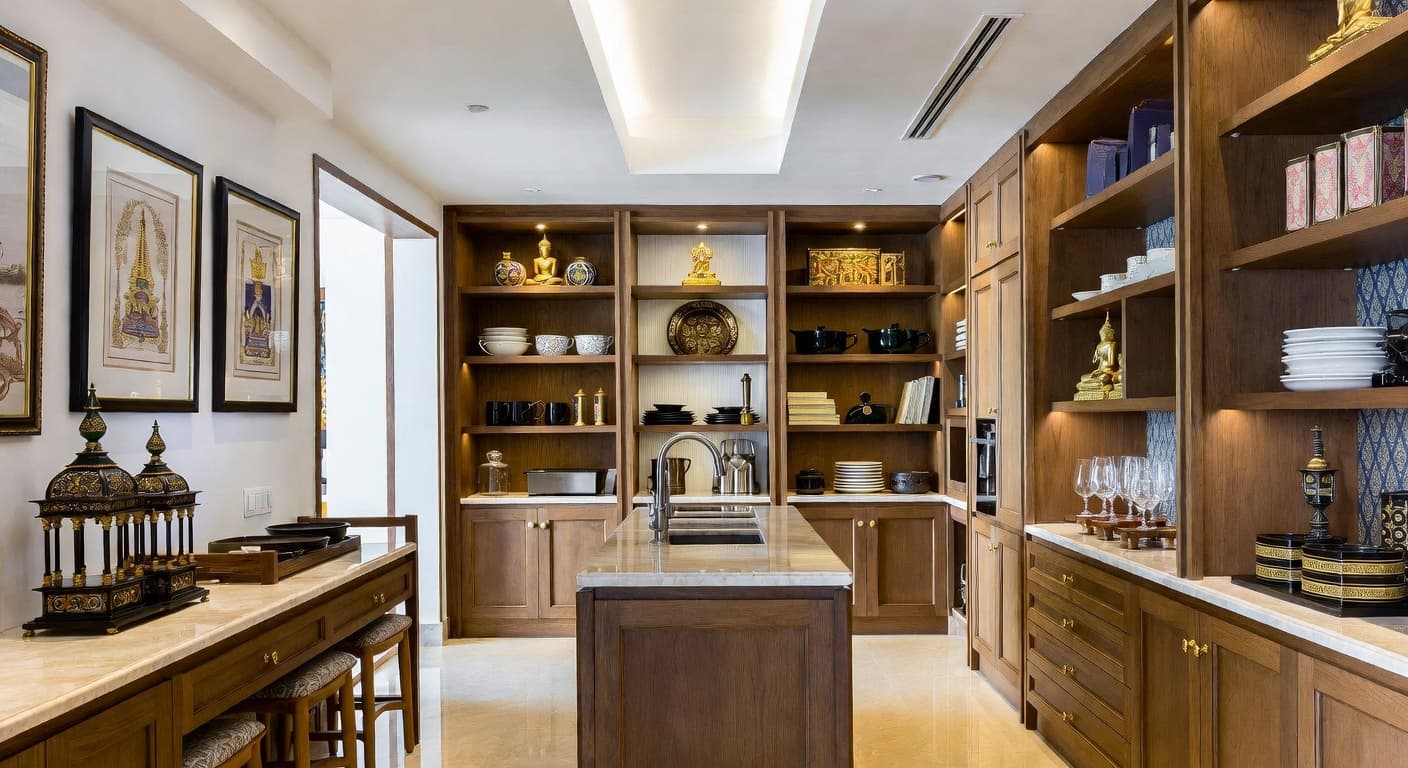 Thai pantry interior design - featuring thai style furniture, decor, colors, and layout ideas for your pantry