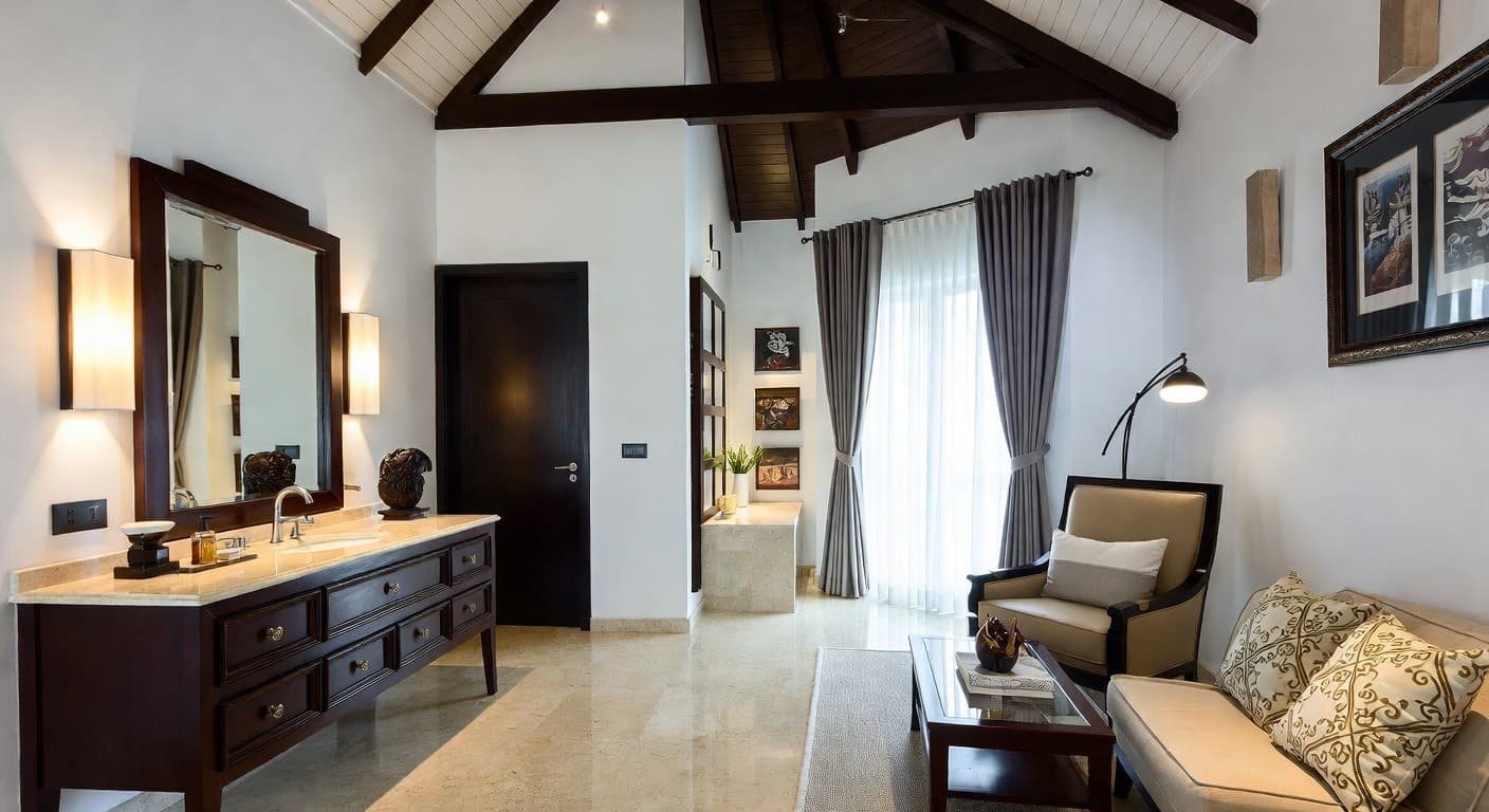 Thai powder room interior design - featuring thai style furniture, decor, colors, and layout ideas for your powder room