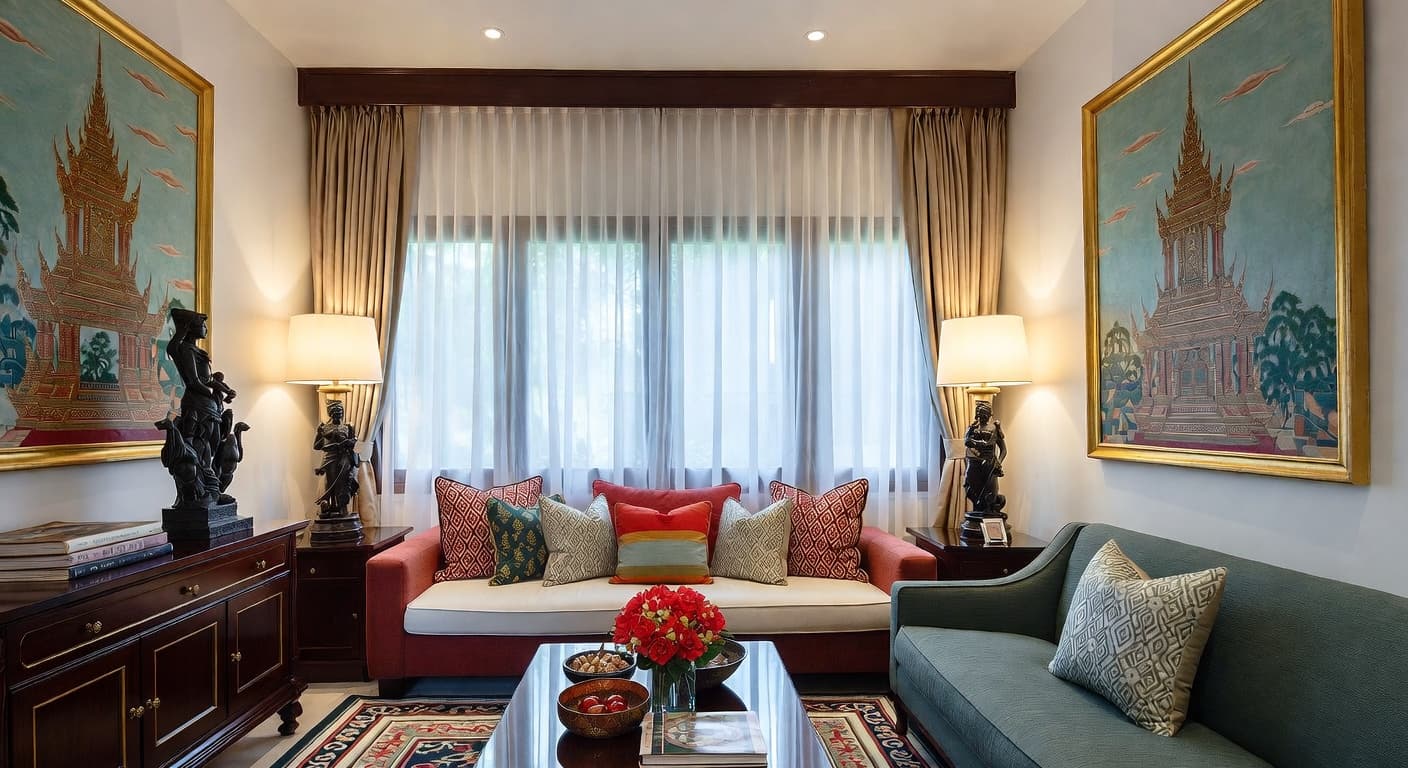 Thai reading nook interior design - featuring thai style furniture, decor, colors, and layout ideas for your reading nook