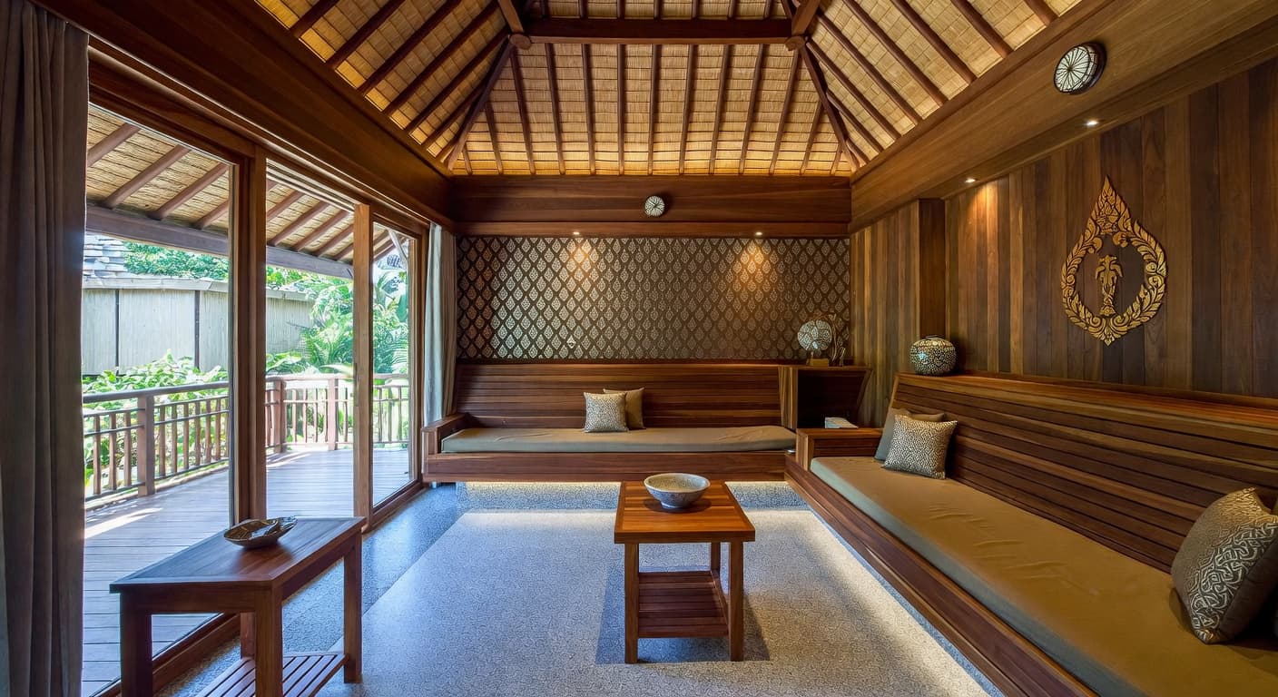 Thai sauna / spa room interior design - featuring thai style furniture, decor, colors, and layout ideas for your sauna / spa room