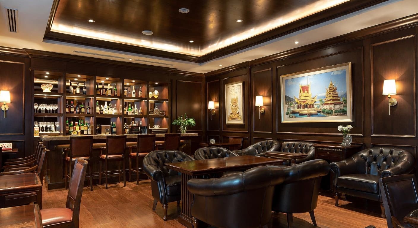 Thai smoking room / cigar lounge interior design - featuring thai style furniture, decor, colors, and layout ideas for your smoking room / cigar lounge