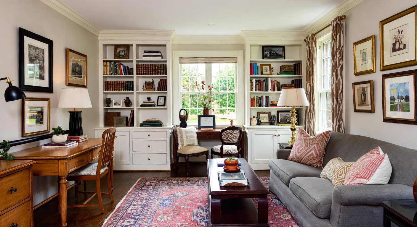 Traditional craft room / studio interior design - featuring traditional style furniture, decor, colors, and layout ideas for your craft room / studio