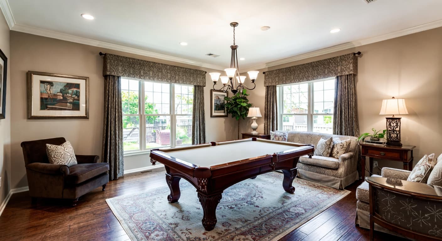 Transitional billiards room interior design - featuring transitional style furniture, decor, colors, and layout ideas for your billiards room