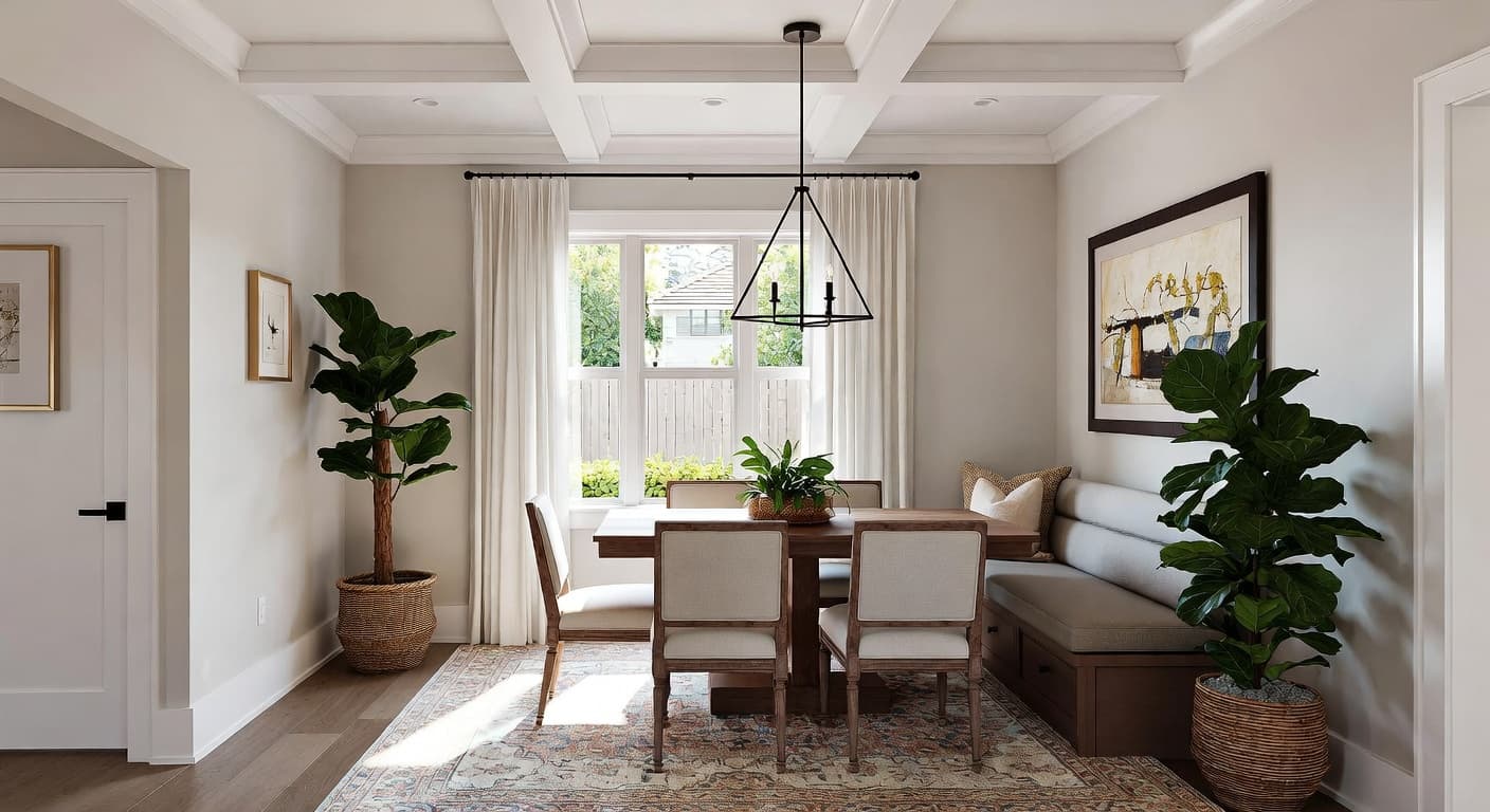 Transitional breakfast nook interior design - featuring transitional style furniture, decor, colors, and layout ideas for your breakfast nook