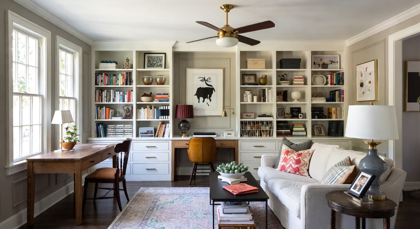 Transitional craft room / studio interior design - featuring transitional style furniture, decor, colors, and layout ideas for your craft room / studio