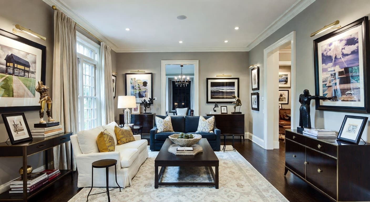 Transitional gallery / art display interior design - featuring transitional style furniture, decor, colors, and layout ideas for your gallery / art display