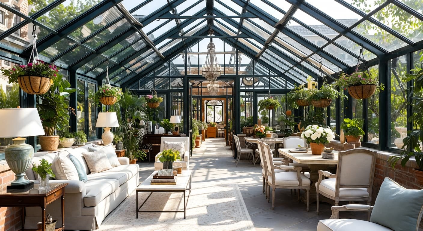 Transitional greenhouse interior design - featuring transitional style furniture, decor, colors, and layout ideas for your greenhouse