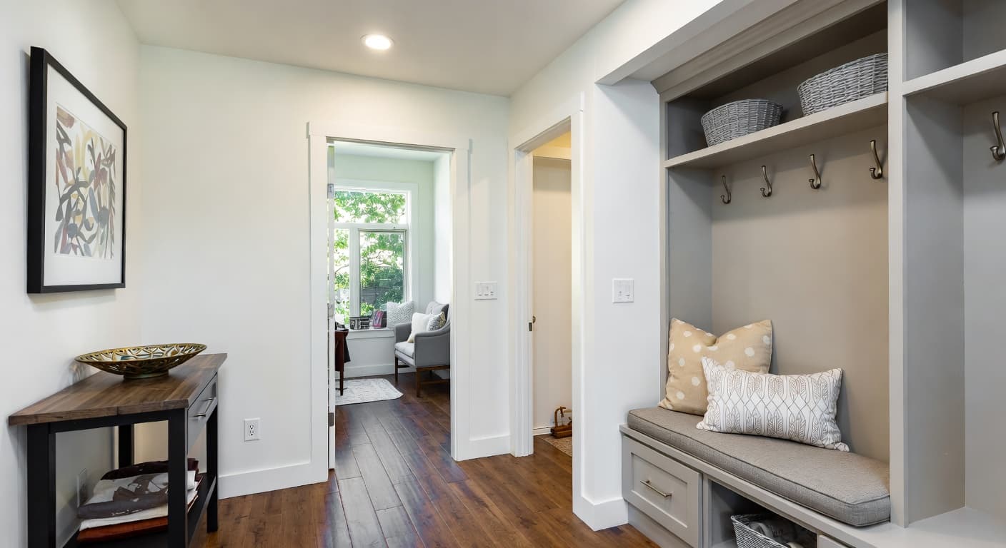 Transitional mudroom interior design - featuring transitional style furniture, decor, colors, and layout ideas for your mudroom