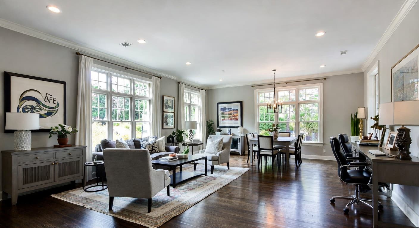 Transitional multi-purpose room interior design - featuring transitional style furniture, decor, colors, and layout ideas for your multi-purpose room