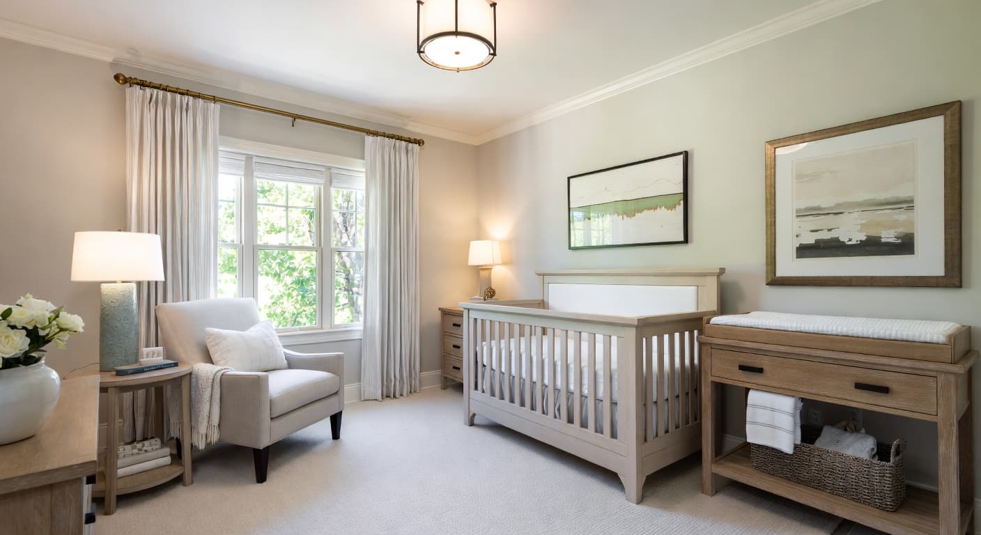 Transitional nursery interior design - featuring transitional style furniture, decor, colors, and layout ideas for your nursery