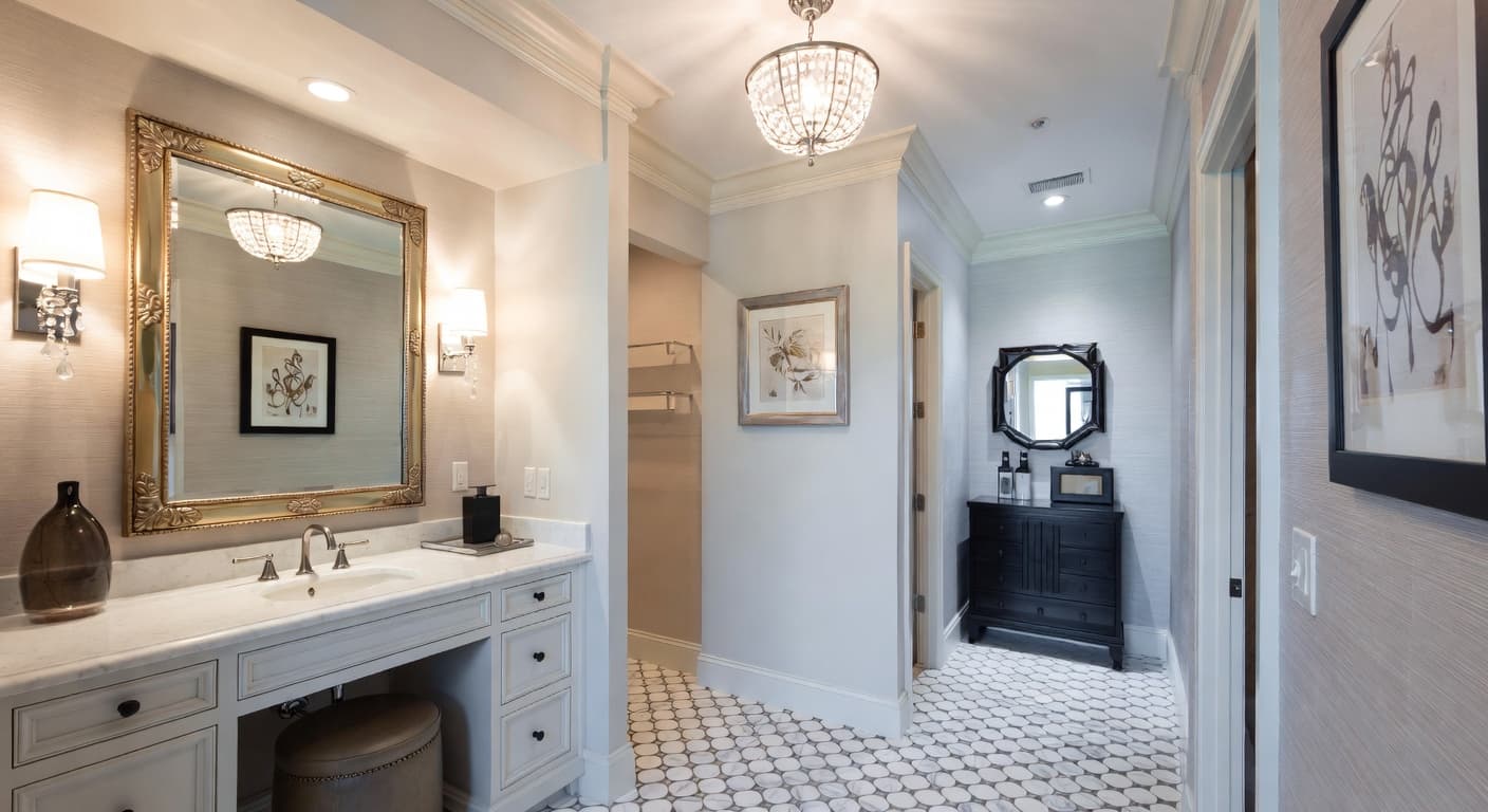 Transitional powder room interior design - featuring transitional style furniture, decor, colors, and layout ideas for your powder room