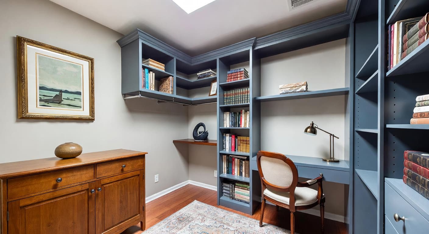 Transitional storage room interior design - featuring transitional style furniture, decor, colors, and layout ideas for your storage room