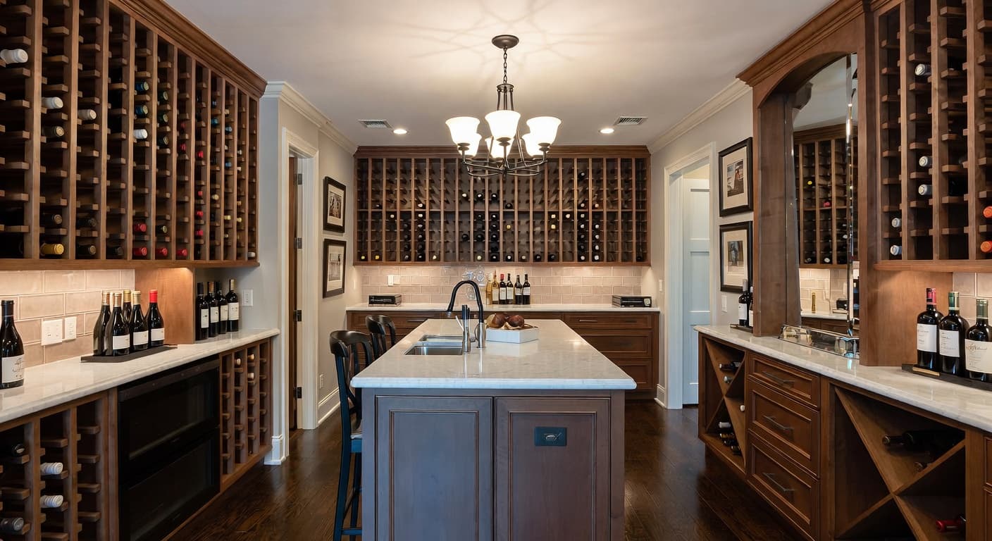 Transitional wine cellar interior design - featuring transitional style furniture, decor, colors, and layout ideas for your wine cellar