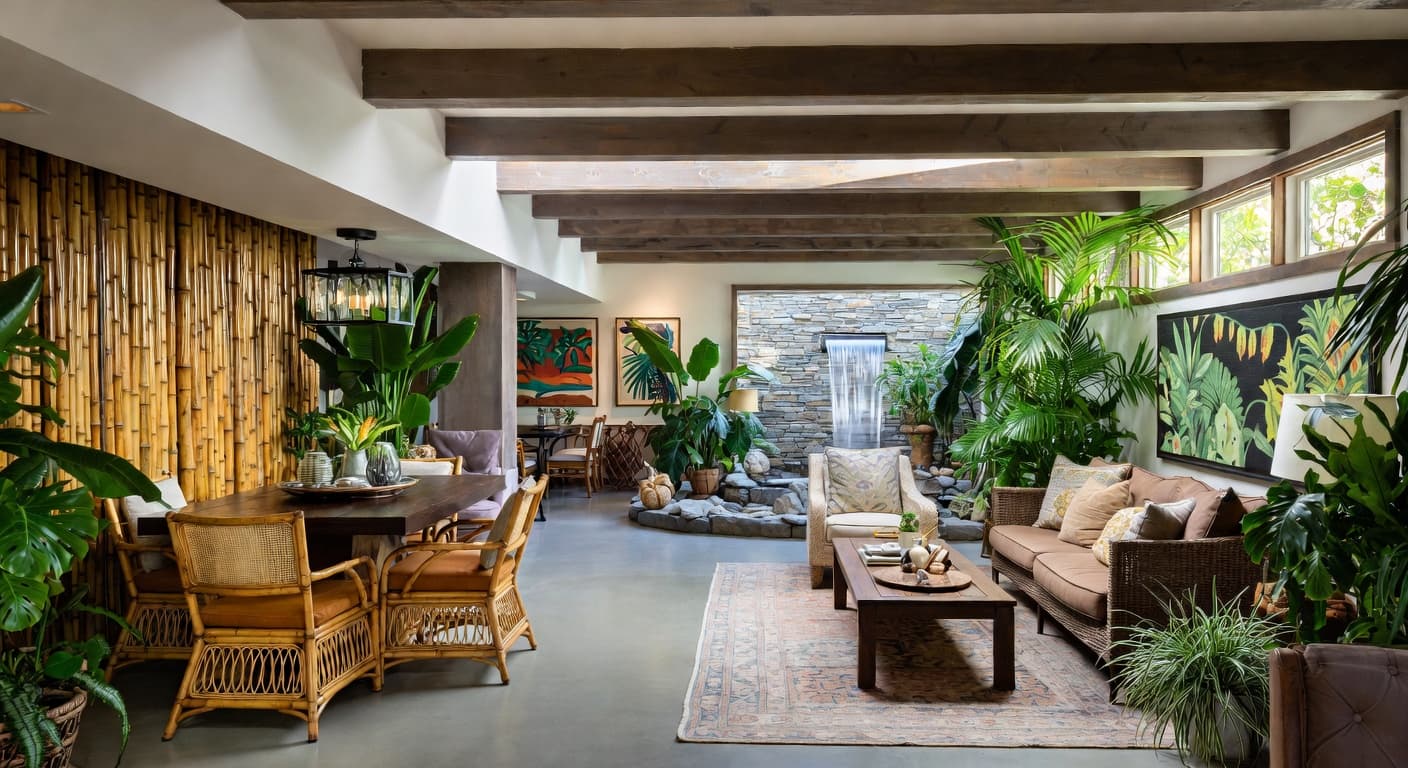 Tropical basement interior design - featuring tropical style furniture, decor, colors, and layout ideas for your basement