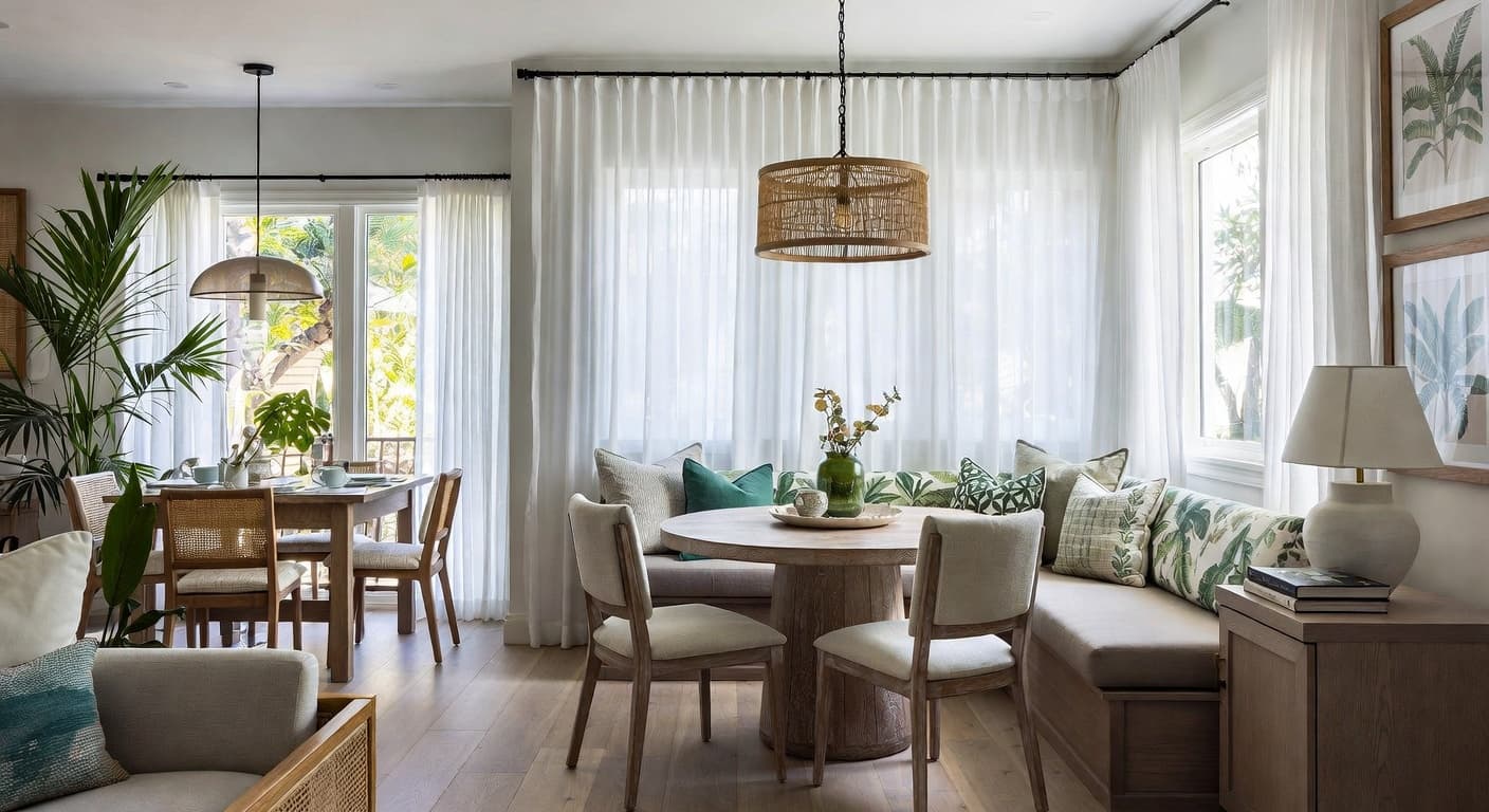 Tropical breakfast nook interior design - featuring tropical style furniture, decor, colors, and layout ideas for your breakfast nook