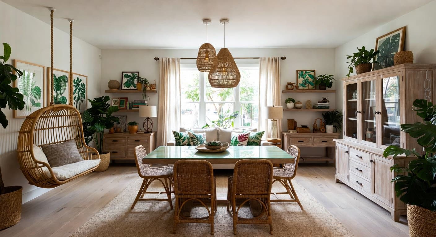 Tropical craft room / studio interior design - featuring tropical style furniture, decor, colors, and layout ideas for your craft room / studio