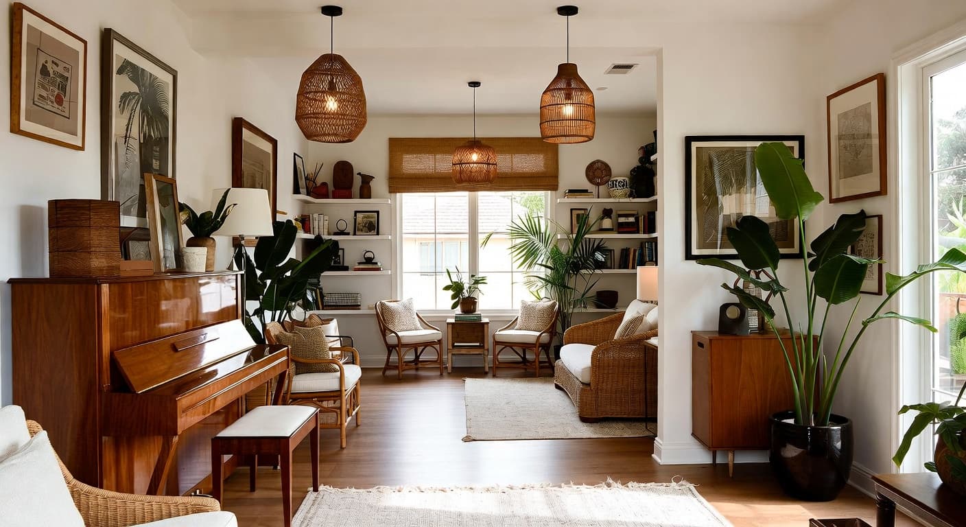 Tropical music room interior design - featuring tropical style furniture, decor, colors, and layout ideas for your music room