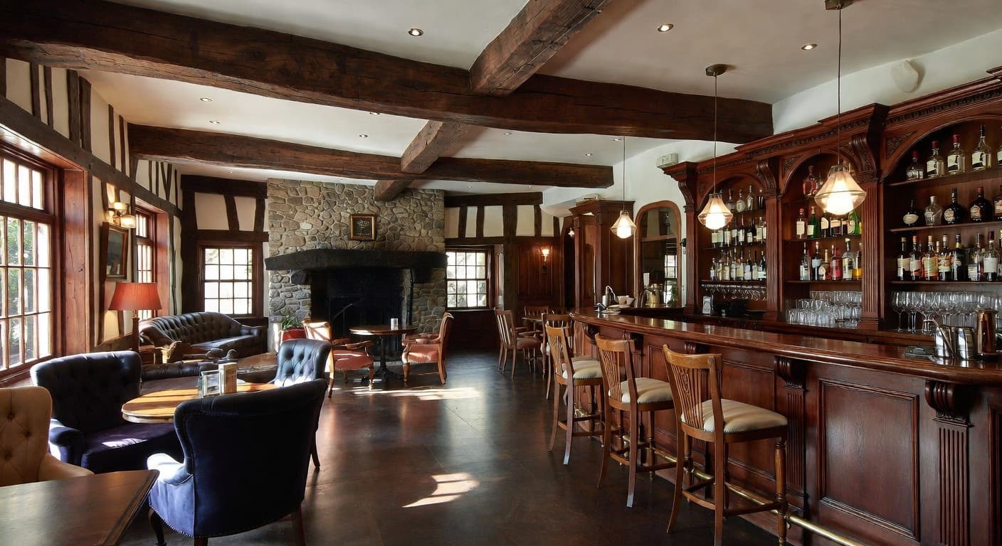 Tudor bar room interior design - featuring tudor style furniture, decor, colors, and layout ideas for your bar room