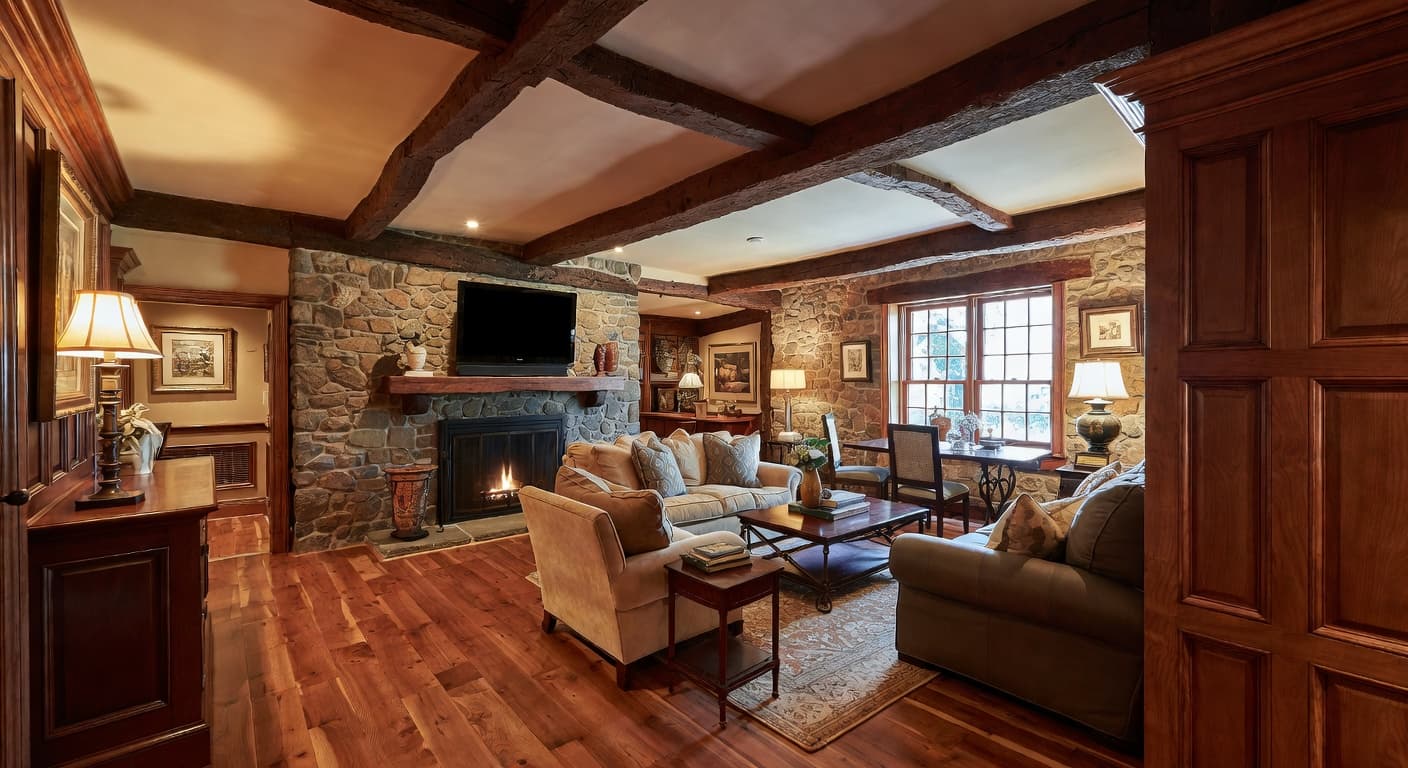 Tudor basement interior design - featuring tudor style furniture, decor, colors, and layout ideas for your basement