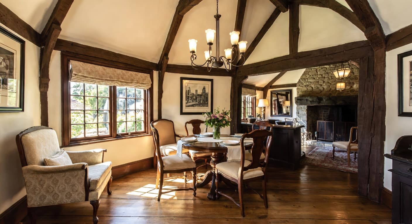 Tudor breakfast nook interior design - featuring tudor style furniture, decor, colors, and layout ideas for your breakfast nook