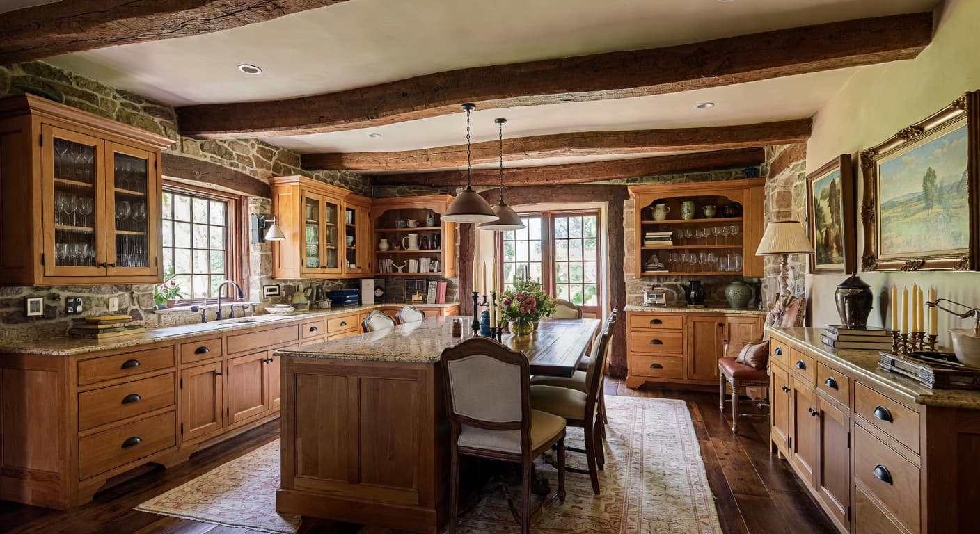 Tudor butler's pantry interior design - featuring tudor style furniture, decor, colors, and layout ideas for your butler's pantry