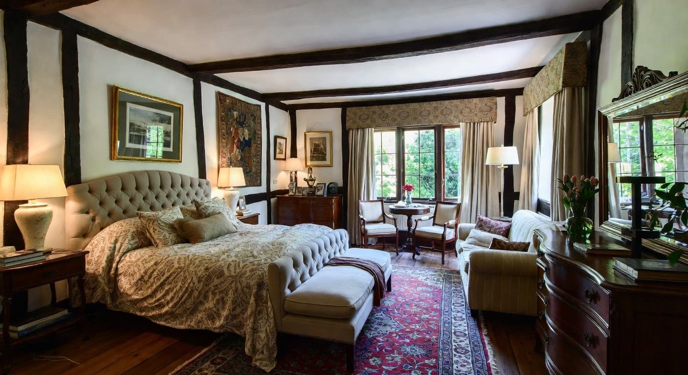 Tudor guest room interior design - featuring tudor style furniture, decor, colors, and layout ideas for your guest room