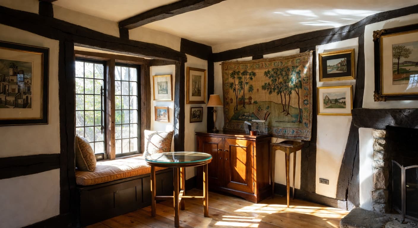 Tudor meditation space interior design - featuring tudor style furniture, decor, colors, and layout ideas for your meditation space