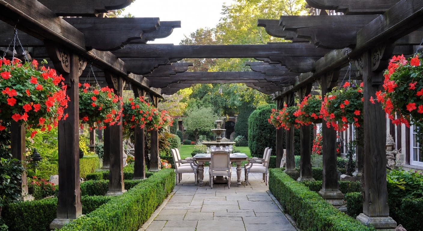 Tudor outdoor space interior design - featuring tudor style furniture, decor, colors, and layout ideas for your outdoor space