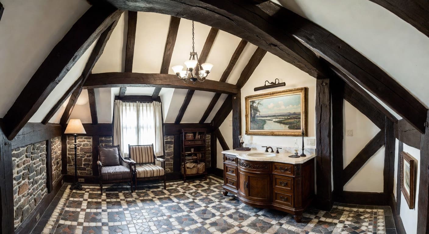 Tudor powder room interior design - featuring tudor style furniture, decor, colors, and layout ideas for your powder room