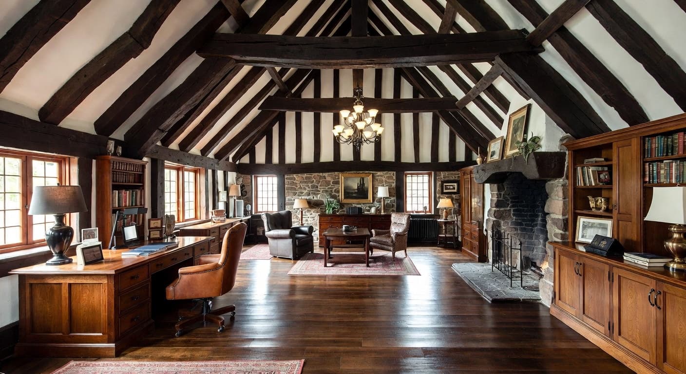 Tudor workshop interior design - featuring tudor style furniture, decor, colors, and layout ideas for your workshop