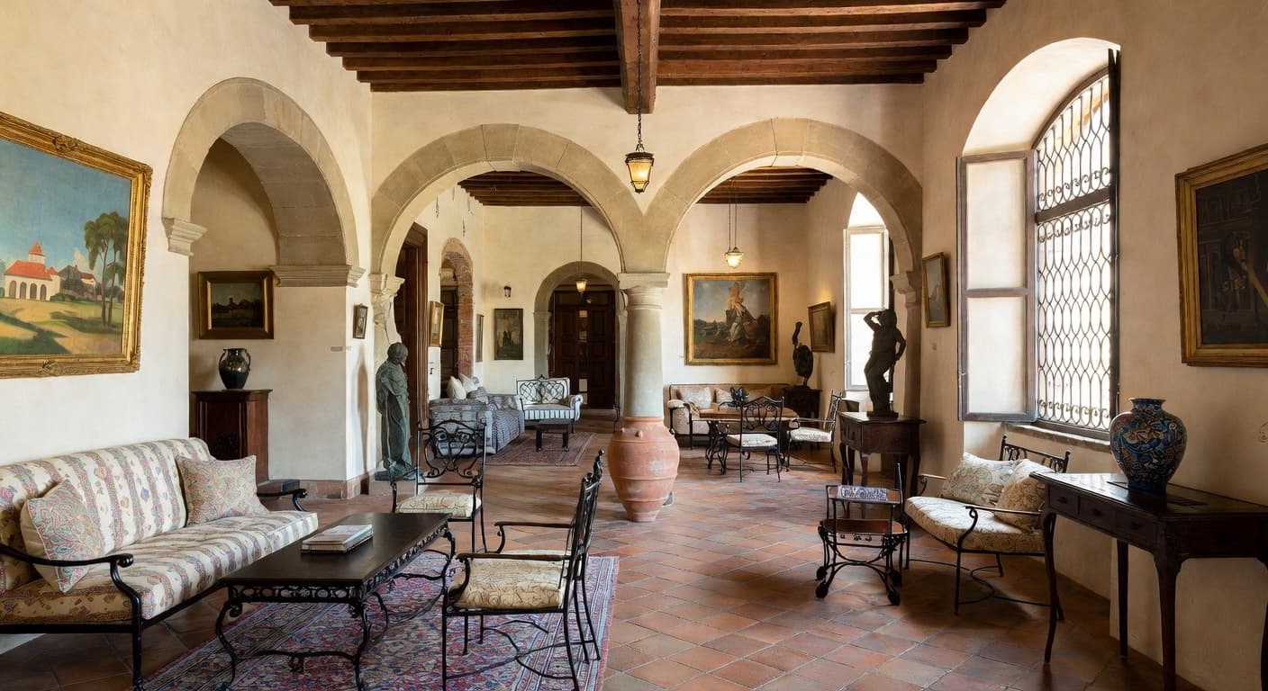 Tuscan gallery / art display interior design - featuring tuscan style furniture, decor, colors, and layout ideas for your gallery / art display