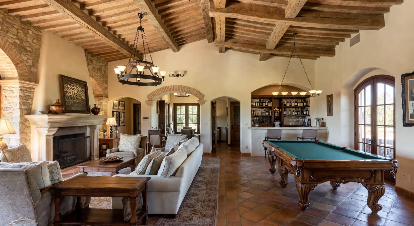 Tuscan game room interior design - featuring tuscan style furniture, decor, colors, and layout ideas for your game room