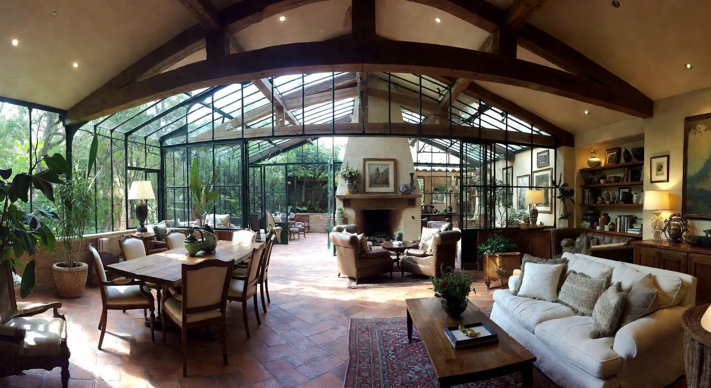 Tuscan greenhouse interior design - featuring tuscan style furniture, decor, colors, and layout ideas for your greenhouse