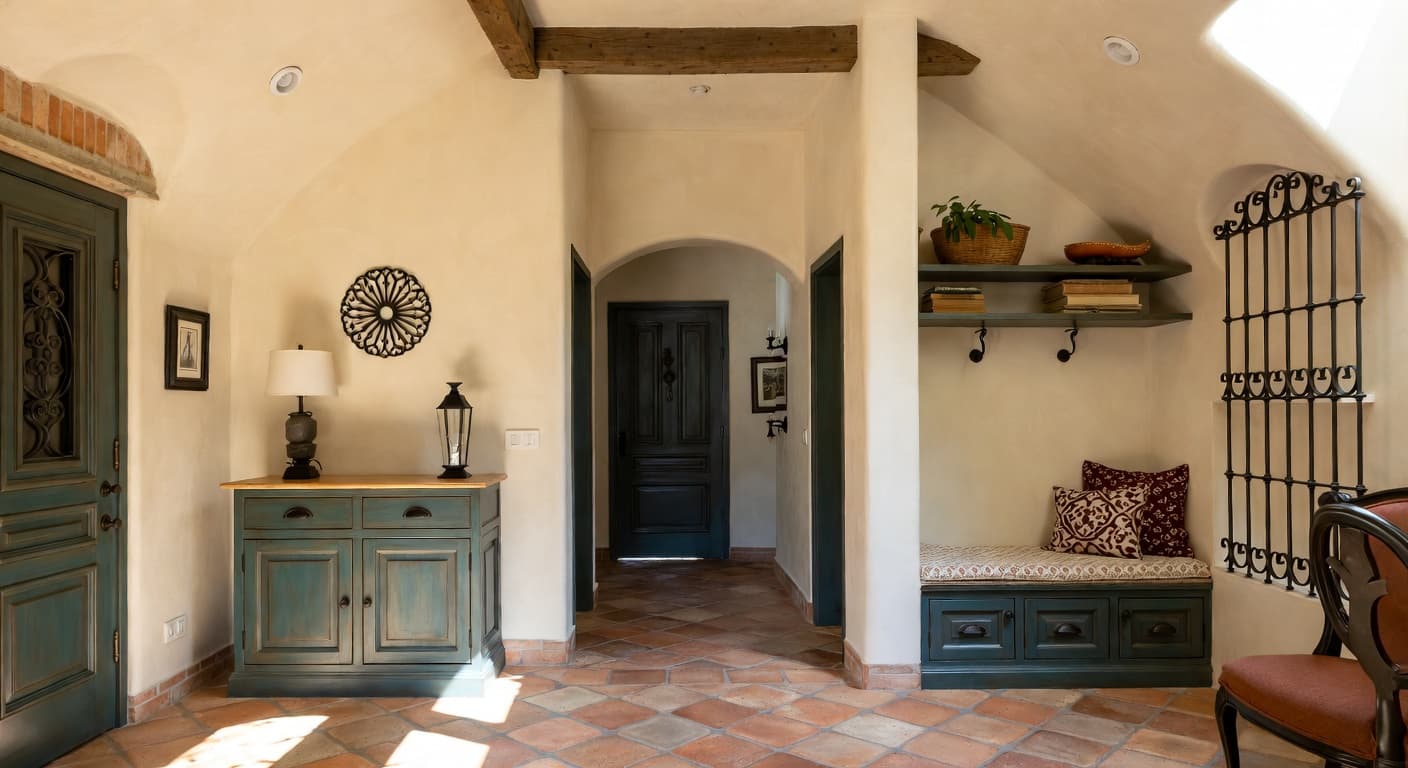 Tuscan mudroom interior design - featuring tuscan style furniture, decor, colors, and layout ideas for your mudroom