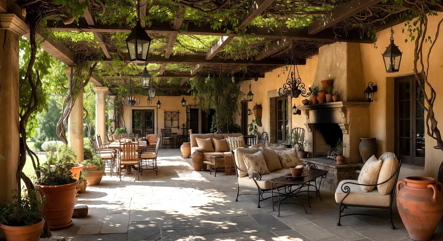 Tuscan outdoor space interior design - featuring tuscan style furniture, decor, colors, and layout ideas for your outdoor space