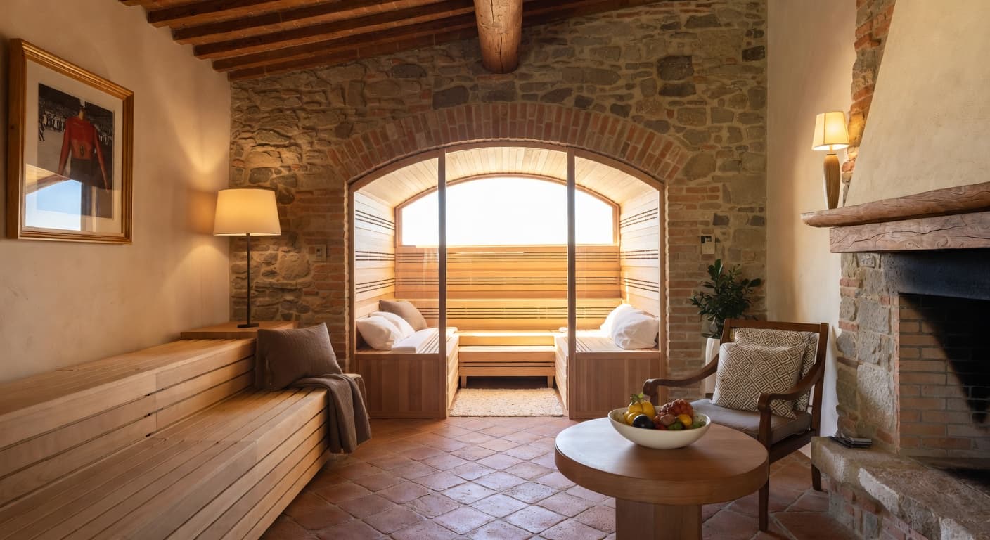 Tuscan sauna / spa room interior design - featuring tuscan style furniture, decor, colors, and layout ideas for your sauna / spa room