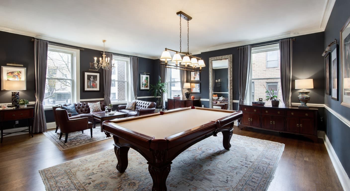 Urban billiards room interior design - featuring urban style furniture, decor, colors, and layout ideas for your billiards room