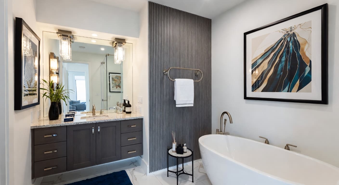 Urban powder room interior design - featuring urban style furniture, decor, colors, and layout ideas for your powder room