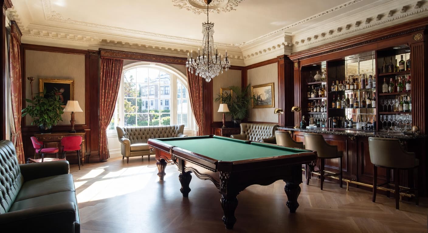Victorian billiards room interior design - featuring victorian style furniture, decor, colors, and layout ideas for your billiards room