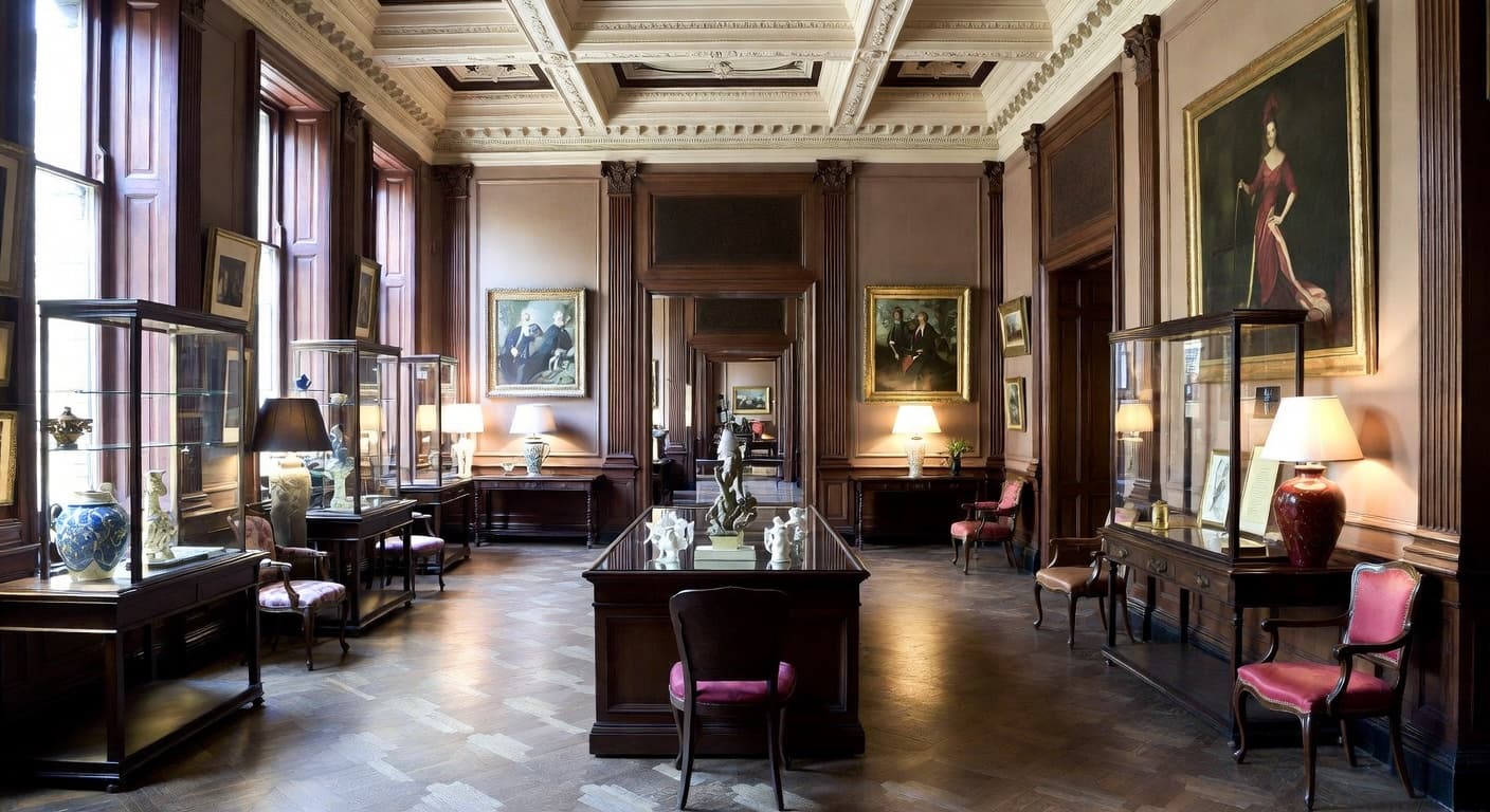 Victorian gallery / art display interior design - featuring victorian style furniture, decor, colors, and layout ideas for your gallery / art display