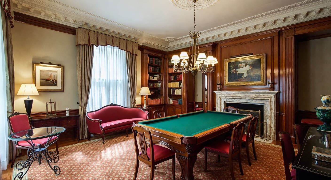 Victorian game room interior design - featuring victorian style furniture, decor, colors, and layout ideas for your game room